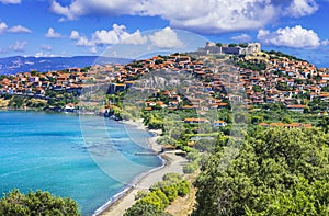 Travel in Lesvos island - view of beautiful Molyvos Molivos town. Best of Greece photo