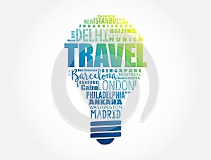 TRAVEL light bulb word cloud made with words cities names, concept background