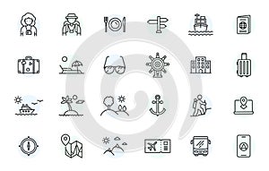 Travel line icon set tourism suitcase vector map symbol. Travel summer vacation camera bus transport, nature icon