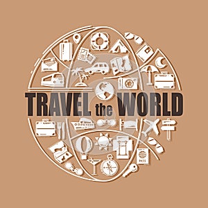 Travel line icons in globe shape. Travel the world - vector illustration concept for cover card, brochure or magazine