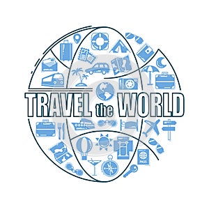 Travel line icons in globe shape. Travel the world - vector illustration concept for cover card, brochure or magazine