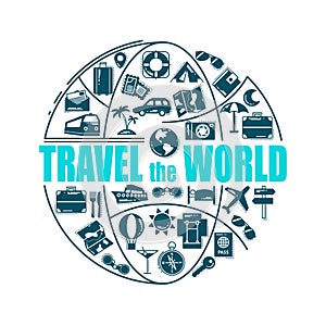 Travel line icons in globe shape. Travel the world - vector illustration concept for cover card, brochure or magazine