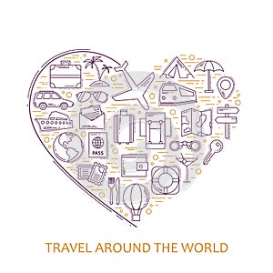 Travel line icons in heart shape. I love travel - vector illustration concept for cover card, brochure or magazine