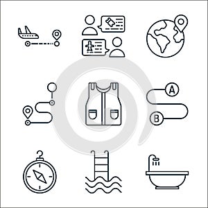 travel line icons. linear set. quality vector line set such as bathtub, swimming pool, navigation, location, lifejacket, location