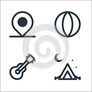 travel line icons. linear set. quality vector line set such as camping, guitar, beach ball