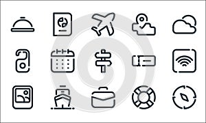 travel line icons. linear set. quality vector line set such as compass, suitcase, images, lifebuoy, ship, doorknob, ticket, map,
