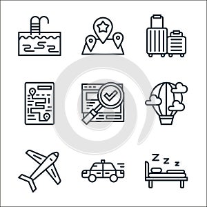 travel line icons. linear set. quality vector line set such as bed, taxi, airplane, air balloon, search, navigation, suitcase,