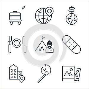 travel line icons. linear set. quality vector line set such as photos, match, house, plaster, tent, restaurant, globe, map