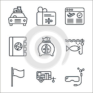 travel line icons. linear set. quality vector line set such as scuba diving, vehicle, flag, fishing, money bag, diary, flight,