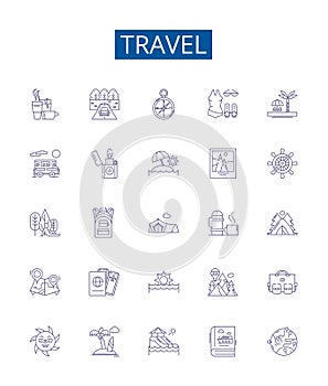 Travel line icons signs set. Design collection of Tour, Vacation, Trip, Journey, Explorer, Adventure, Backpacking