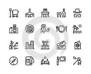 Travel line icons. Vacation plane tourism summer airplane luggage forest adventure, museum restaurants and shopping tour