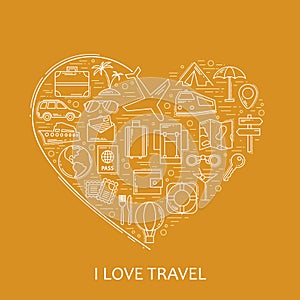 Travel line white icons in heart shape. I love travel - vector illustration concept for cover card, brochure or magazine, invitati