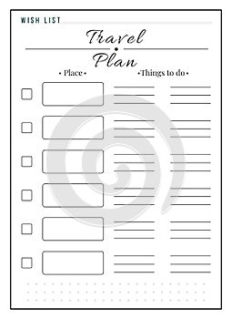 Travel list minimalist planner page design