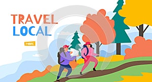 travel local couple man and woman tourists hiking traveling autumn nature mountain forest vector