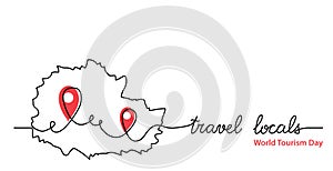Travel locals simple web banner with pinpoint icon. Vector minimalist background. One continuous line drawing with