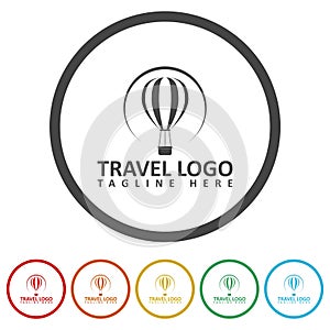 Travel logo air balloon template. Set icons in color circle buttons