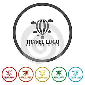 Travel logo air balloon template. Set icons in color circle buttons