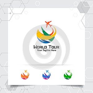 Travel logo design concept of airplane icon with globe symbol. Traveling logo vector for world tour, adventure, and holiday