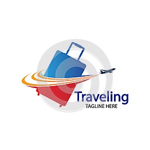 Travel logo, holidays, tourism, business trip company logo design. bag vector with airplane