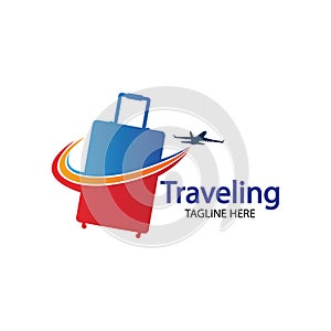 Travel logo, holidays, tourism, business trip company logo design. bag vector with airplane