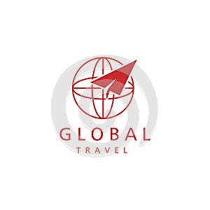 Travel logo illustration globe, unique airplane with color design vector template