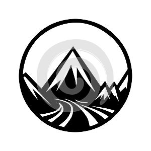 Travel logo with mountains silhouette, symbolizing exploration, discovery, and wanderlust. Black round adventure icon