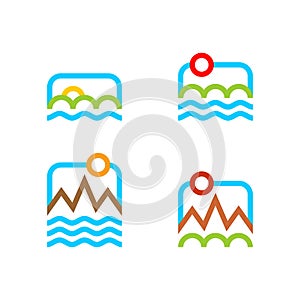 Travel logo set. Sky and Sea. Travel agency sign. Nature icon. Mountains and fields symbol