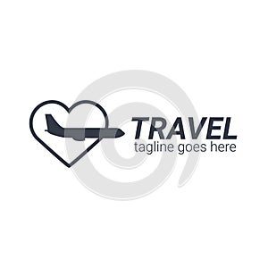 Travel logo template with airplane and heart. Vector illustration.