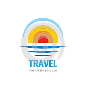 Travel logo template design element.  Sunset logo sign. Tropical sun and blue sea logo symbol.