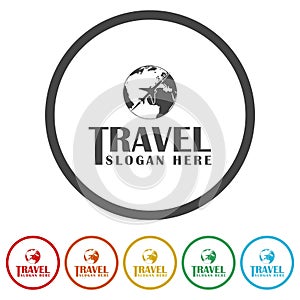 Travel logo template. Set icons in color circle buttons