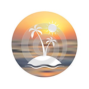 Travel logo. Touristic background. Silhouette of palm tree on unfocused sunset background.