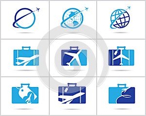 Travel logos set design. Ticket agency and tourism vector icons, airplane in bag and globe. Luggage bag logo, world tour.