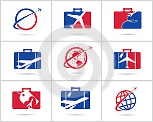 Travel logos set design. Ticket agency and tourism vector icons, airplane in bag and globe. Luggage bag logo, world tour.