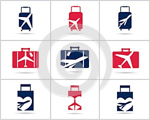 Travel logos set design. Ticket agency and tourism vector icons, airplane in bag and globe. Luggage bag logo, world tour.