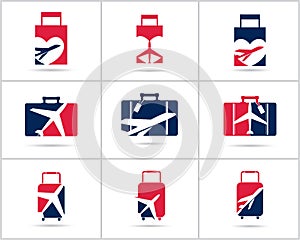 Travel logos set design. Ticket agency and tourism vector icons, airplane in bag and globe. Luggage bag logo, world tour illustrat