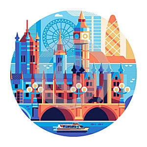 Travel London Circle Icon with Big Ben and Thames