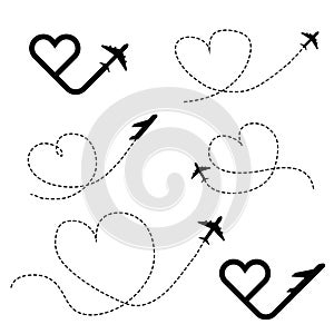 Travel love in heart black icon set illustration