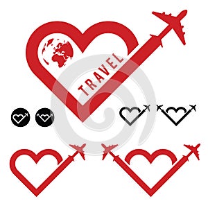 Travel love in heart icon set illustration