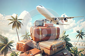 Travel luggage with airplane and palm tree on the beach, vintage tone