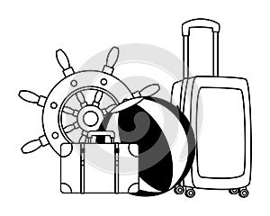 Travel luggage with beach all and ship wheel in black and white