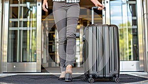 Travel luggage at the bus station entrance, prepared for an exciting journey ahead