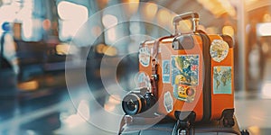 Travel luggage with camera and stickers at the airport