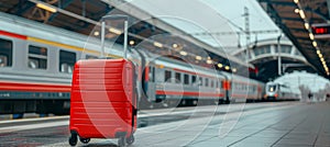 Travel luggage positioned next to the entrance of a train station for convenient boarding photo