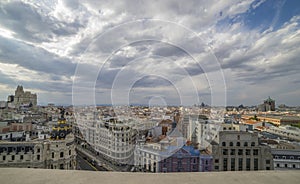 Travel Madrid, Spain cityscape above Gran Via shopping street.