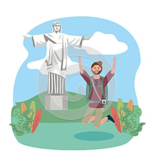 Travel man jumping with backpack and christ redeemer destination