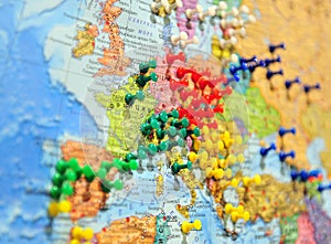 Travel map of Europe with colorful pins