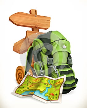 Travel. Map, tourist backpack and road sign. vector icon