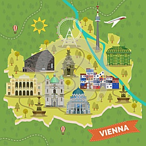 Travel map of Vienna, Austria with landmarks