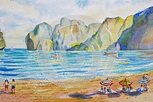 Travel Maya Bay in Thailand - Watercolor painting seascape colorful of tourism ocean beach