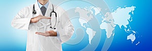 Travel medical insurance concept, doctor`s hands protect an airplane on blue background with map, web banner template